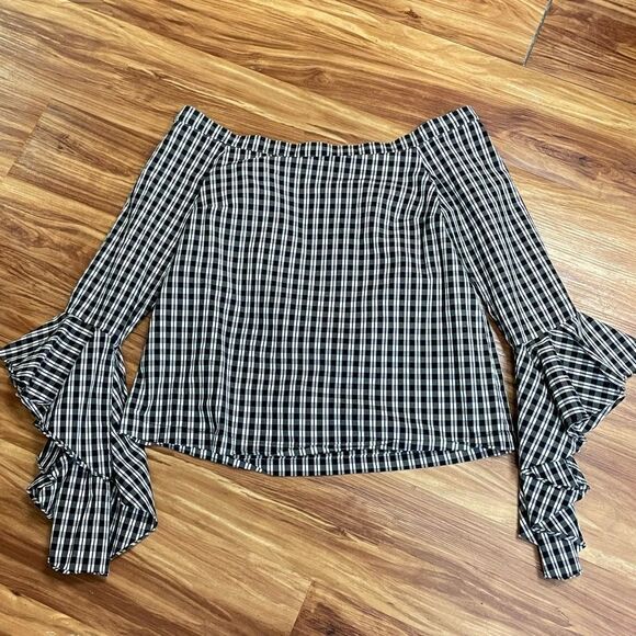 1 State Off The Shoulder Gingham Plaid Top Small - Picture 6 of 6